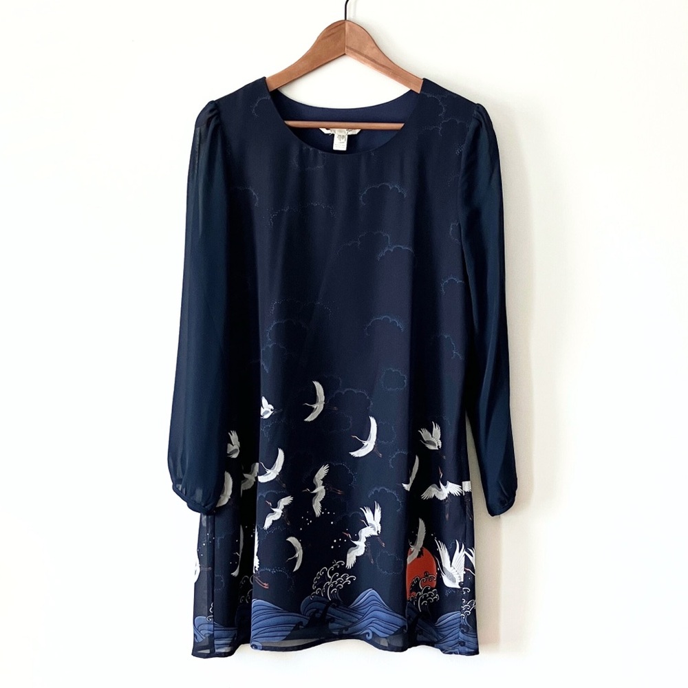 Yumi UK Elegant Navy Bird Print Tunic Dress